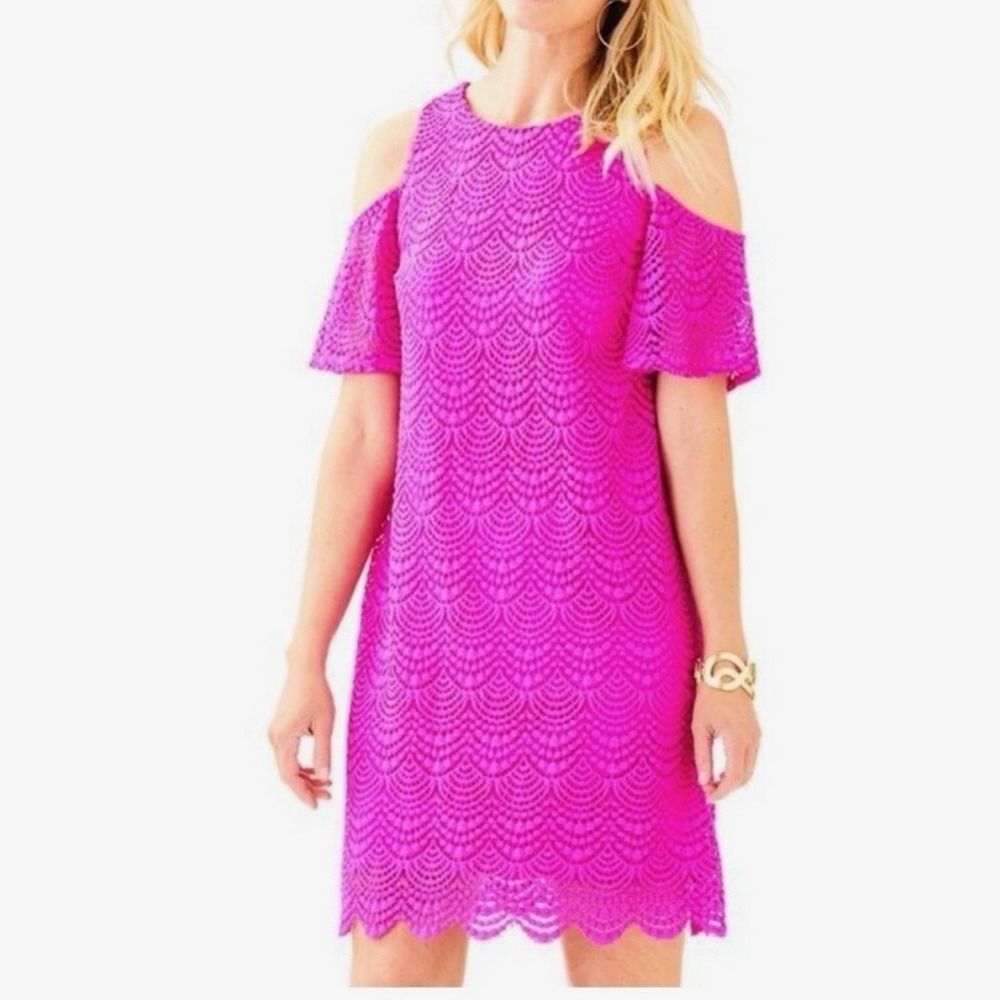 Lilly Pulitzer Pink Somerset Cold Shoulder Swing Dress Scalloped Lace Size XL